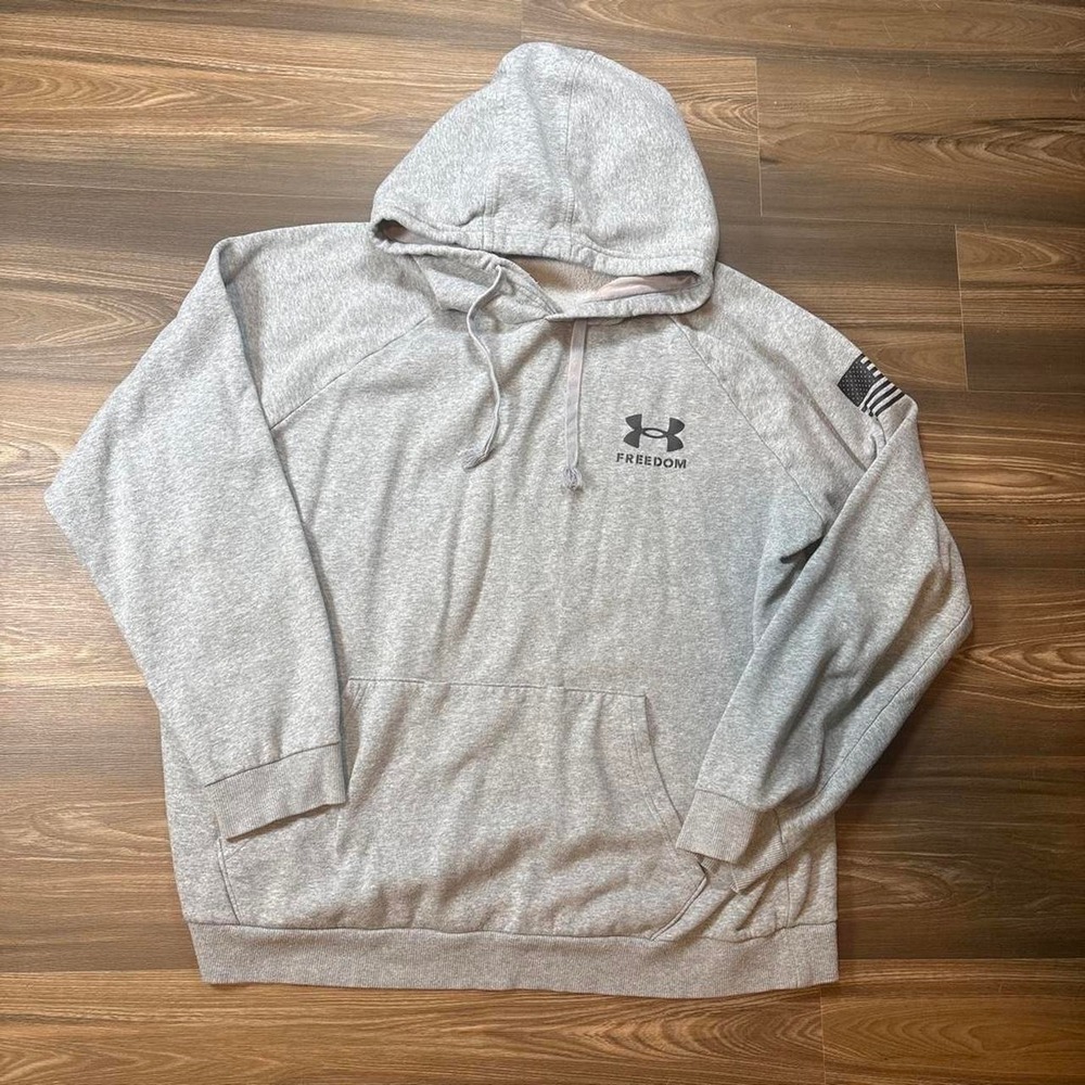 Gray Under Armour hoodie with black American flag graphic and 'FREEDOM'